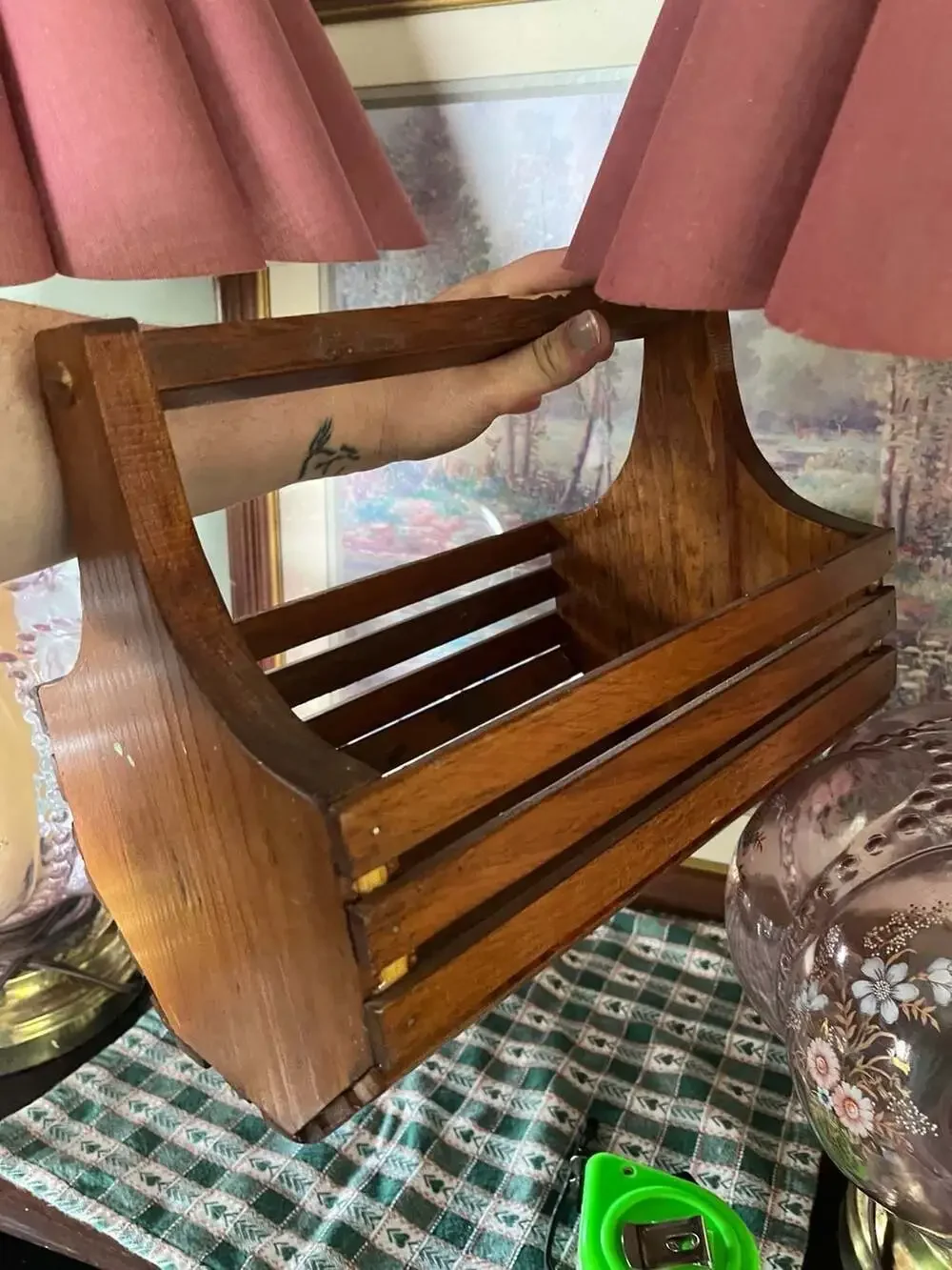 Vintage Handmade Wooden Slat Storage Basket Caddy with Handle